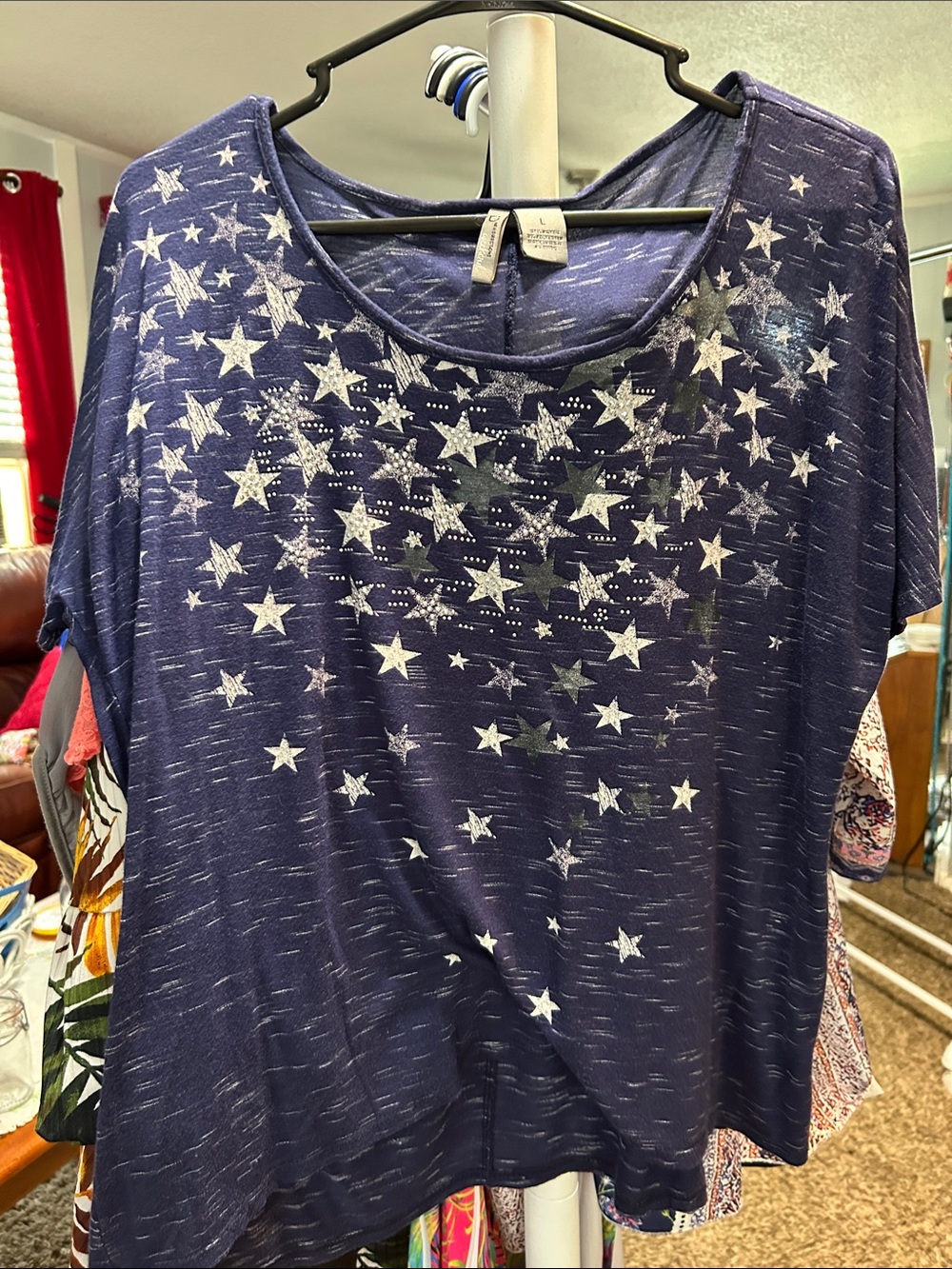 new directions Navy Star Print Short Sleeve Tee Size L